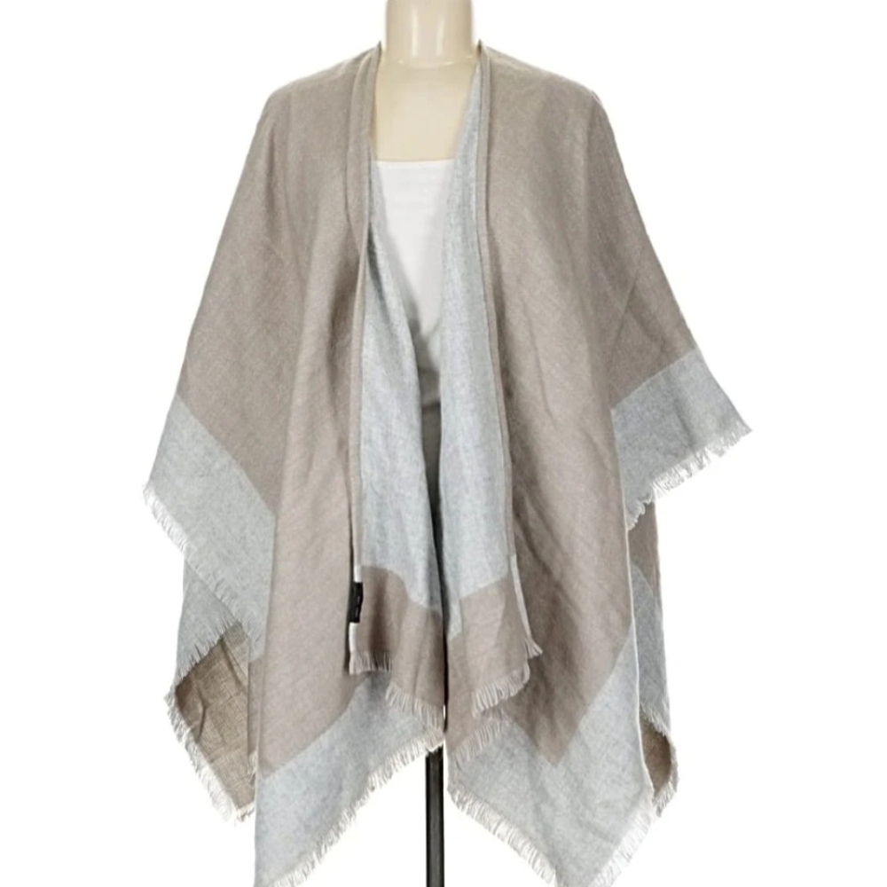 Beige and Gray Fringed Shawl Reversible Poncho